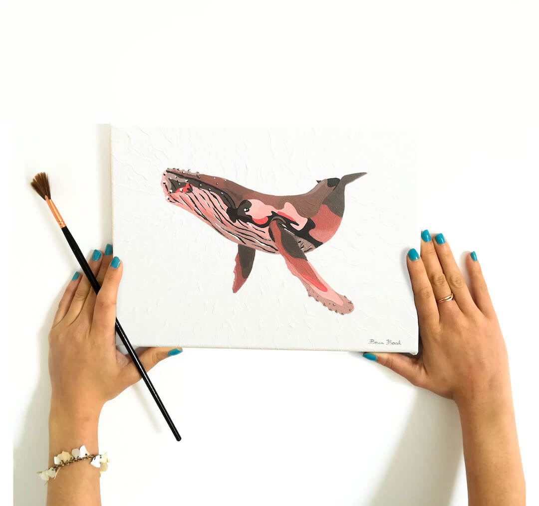 peinture acrylique sur toile de Becca Borah avec une baleine de couleur rose