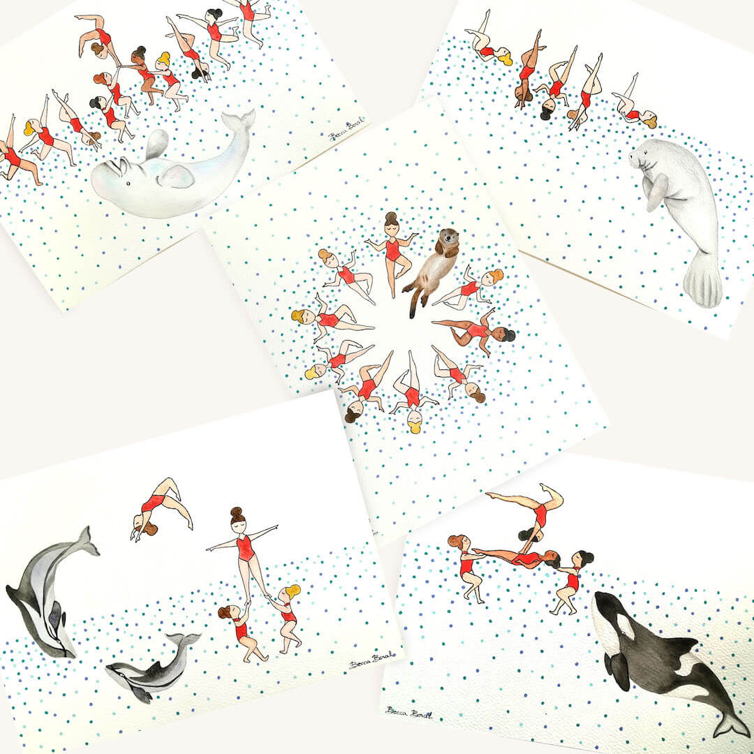 cinq aquarelle originale de Becca Borah avec des nageurs de natation synchronisée et des animaux marins