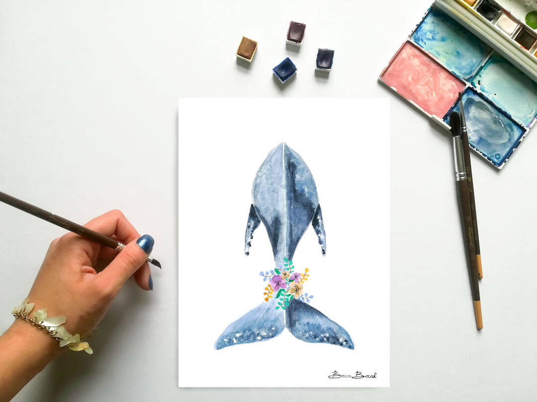 aquarelle originale de Becca Borah avec une baleine de dos