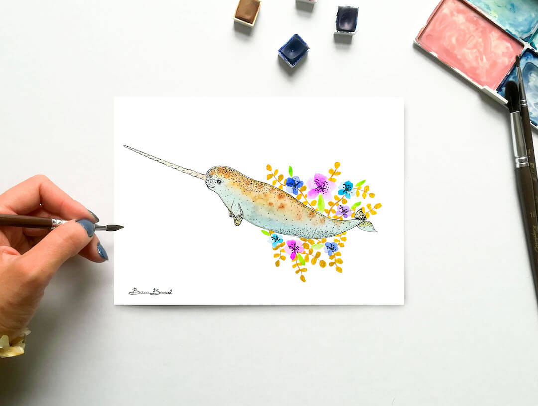 aquarelle originale de Becca Borah avec un narval