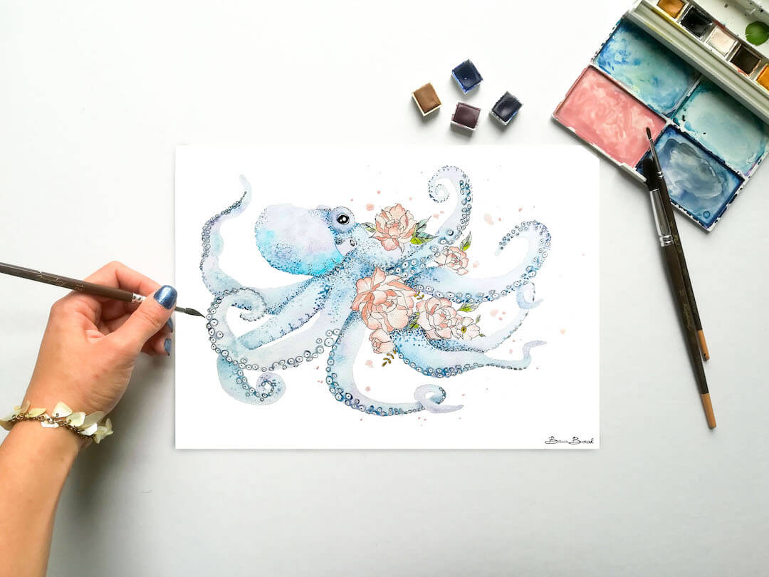 aquarelle originale de Becca Borah avec une pieuvre et des fleurs