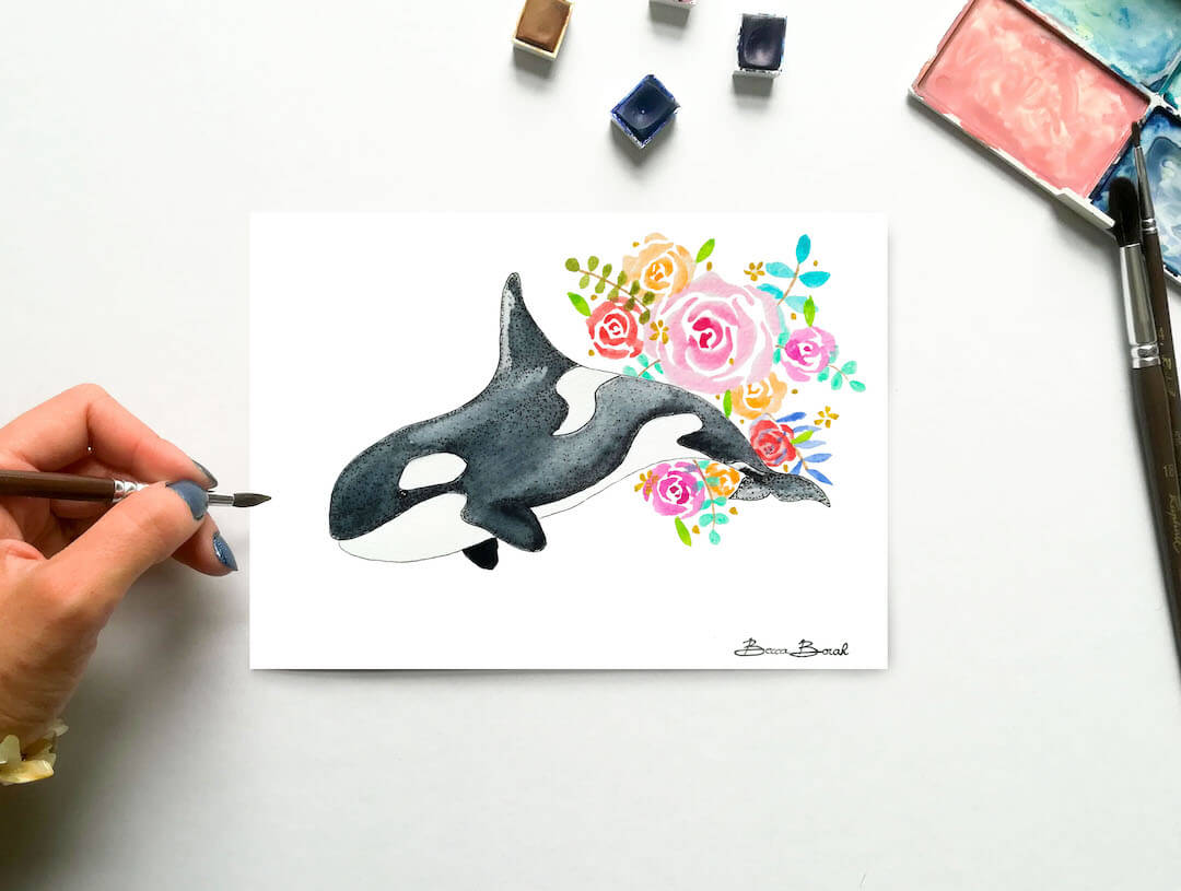 aquarelle originale avec de Becca Borah un orque et des fleurs