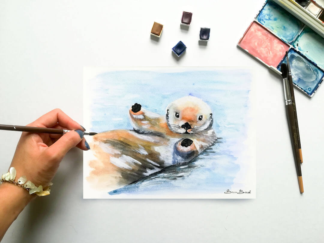 aquarelle originale de Becca Borah avec une loutre sur le dos dans l'eau