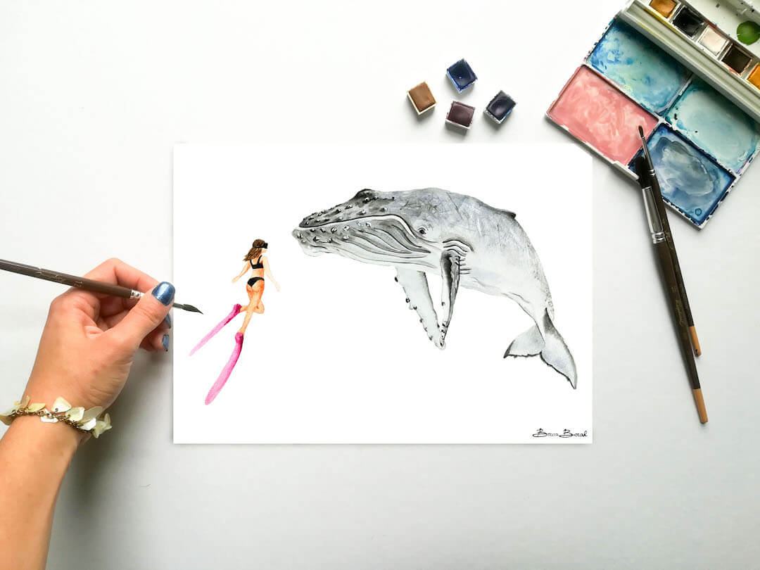aquarelle originale de Becca Borah avec une baleine et plongeuse avec masque et tuba