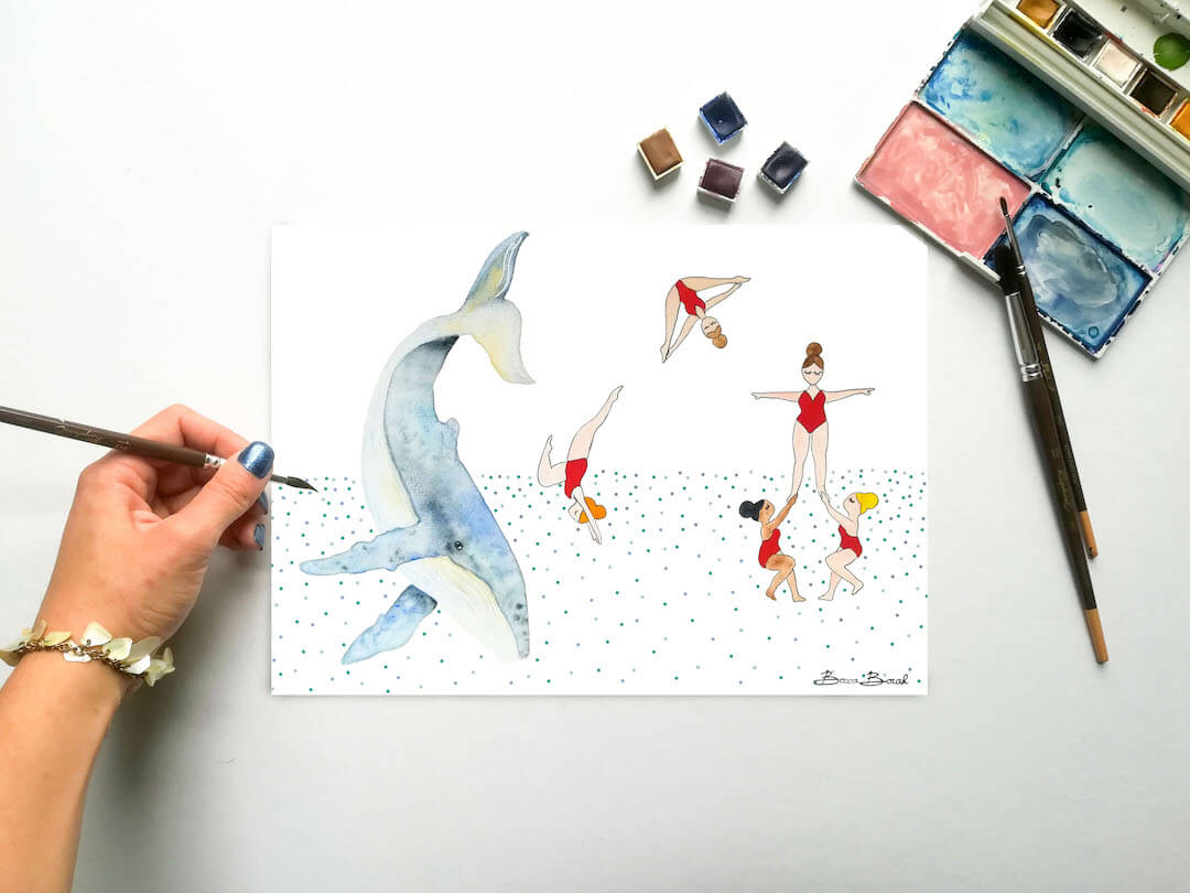 aquarelle originale de Becca Borah avec une baleine et cinq nageuses denatation synchronisées