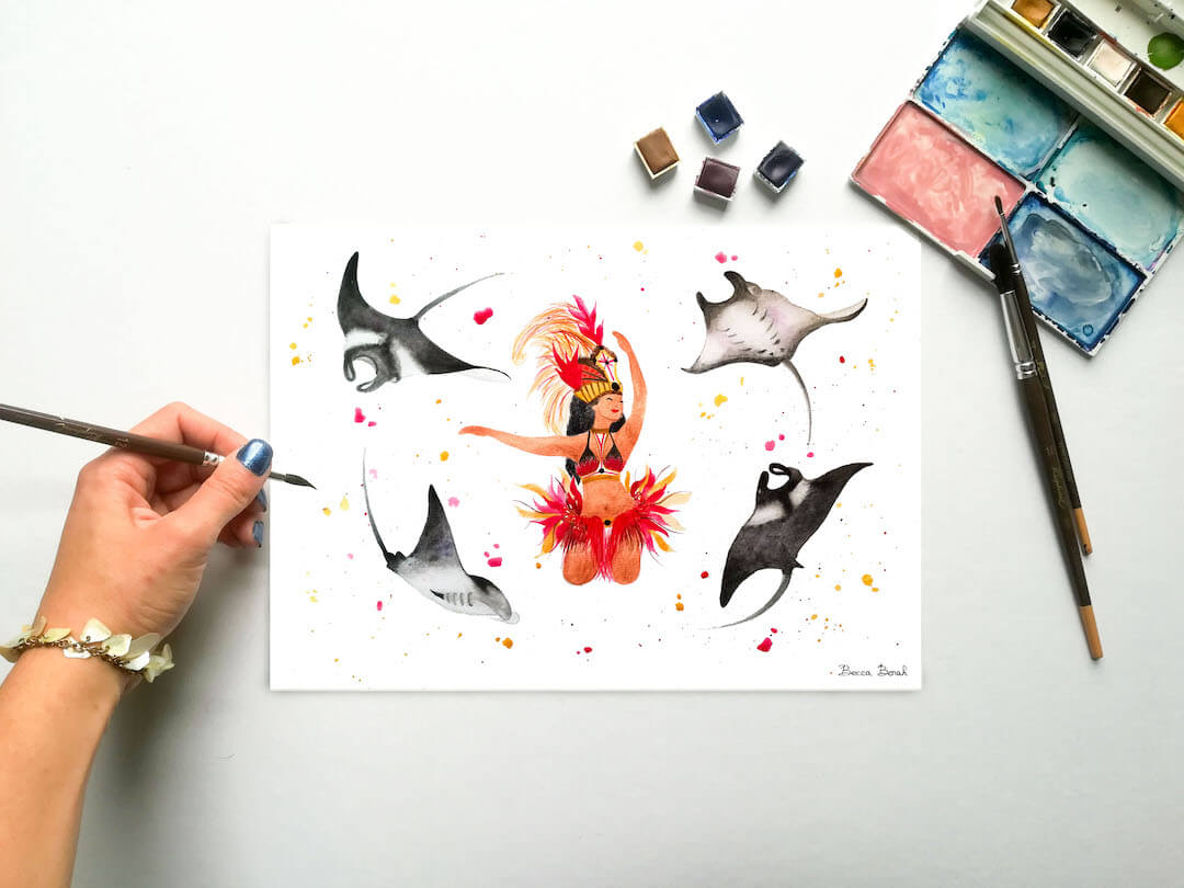 aquarelle originale de Becca Borah avec une danseuse tahitienne entourée de quatre raies