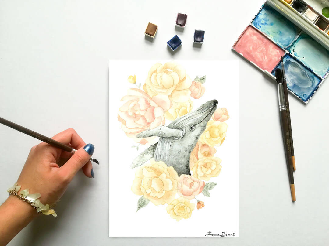 aquarelle originale de Becca Borah avec une baleine entourée de fleurs